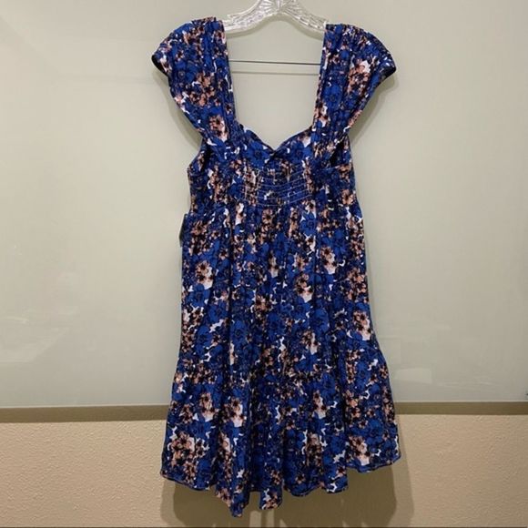 Free People; Blue Pattern Play Linen Floral ;Ruffle Mini Dress; Size  Small,. - Picture 1 of 9